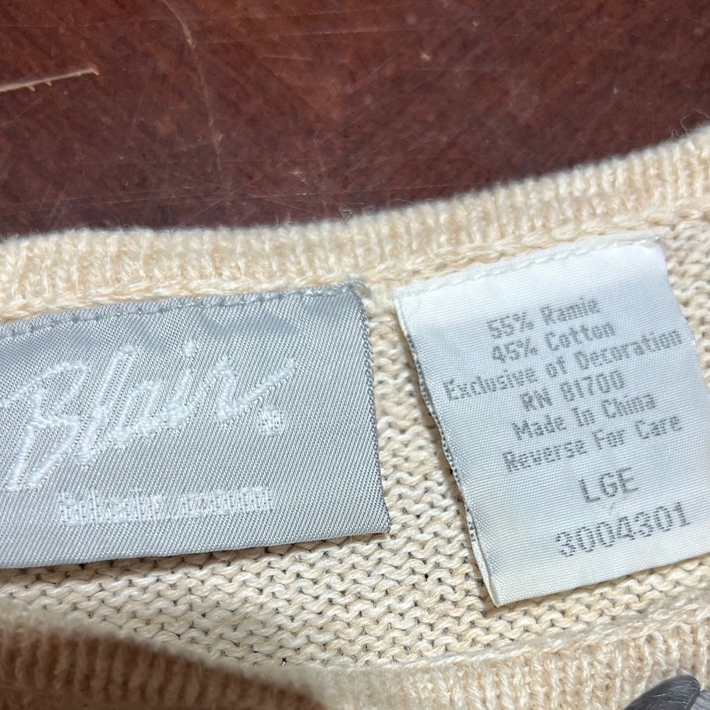 Blair Women Oatmeal Floral Embroidered Ramie Cotton Knit Sweater L Large Vintage - Picture 4 of 11
